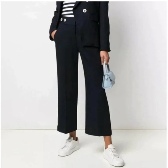 Veronica Beard Aubrie Trousers Cropped Straight Leg Wide Pants Navy Blue Size 12 - Picture 1 of 10